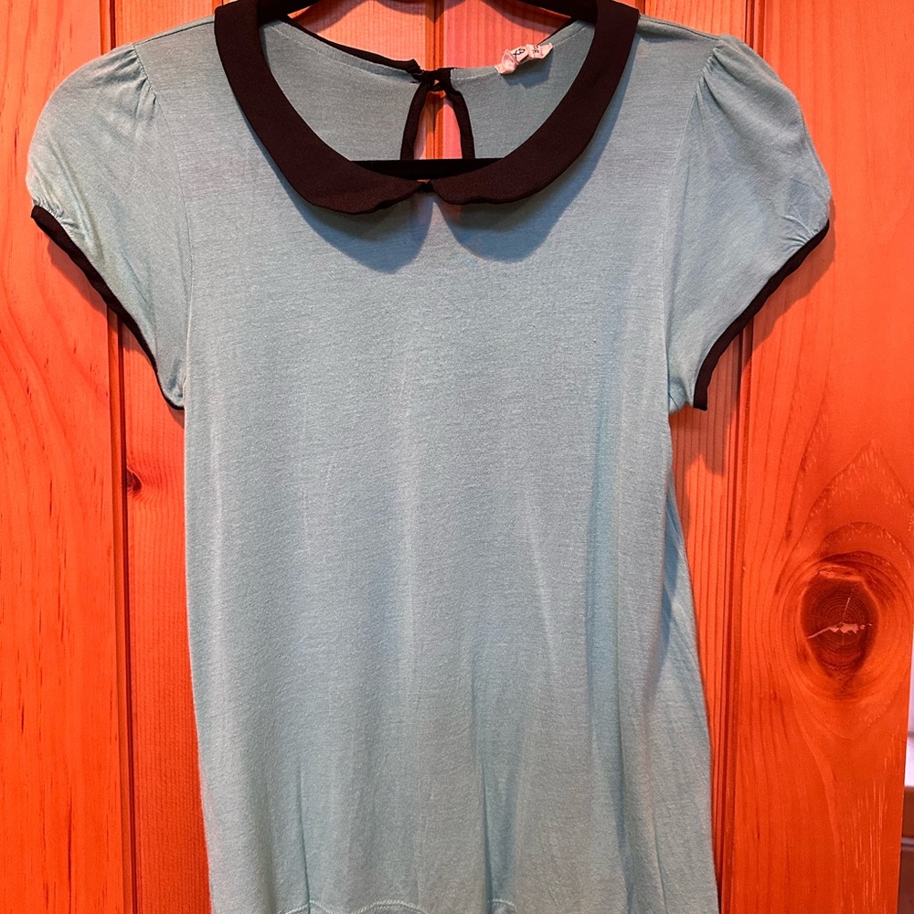 Blue Blouse with Black Peter Pan Collar and Short Sleeves